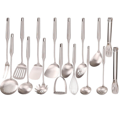 18/10 Stainless Steel Cooking Utensils Set - 16 PCS All Metal Small & Large Kitchen Spoons, Serving Utensils - Whisk, Masher, Fork, Tongs, Solid/Slotted Spoon, Spatula, Turner, Ladle, Skimmer, Pasta
