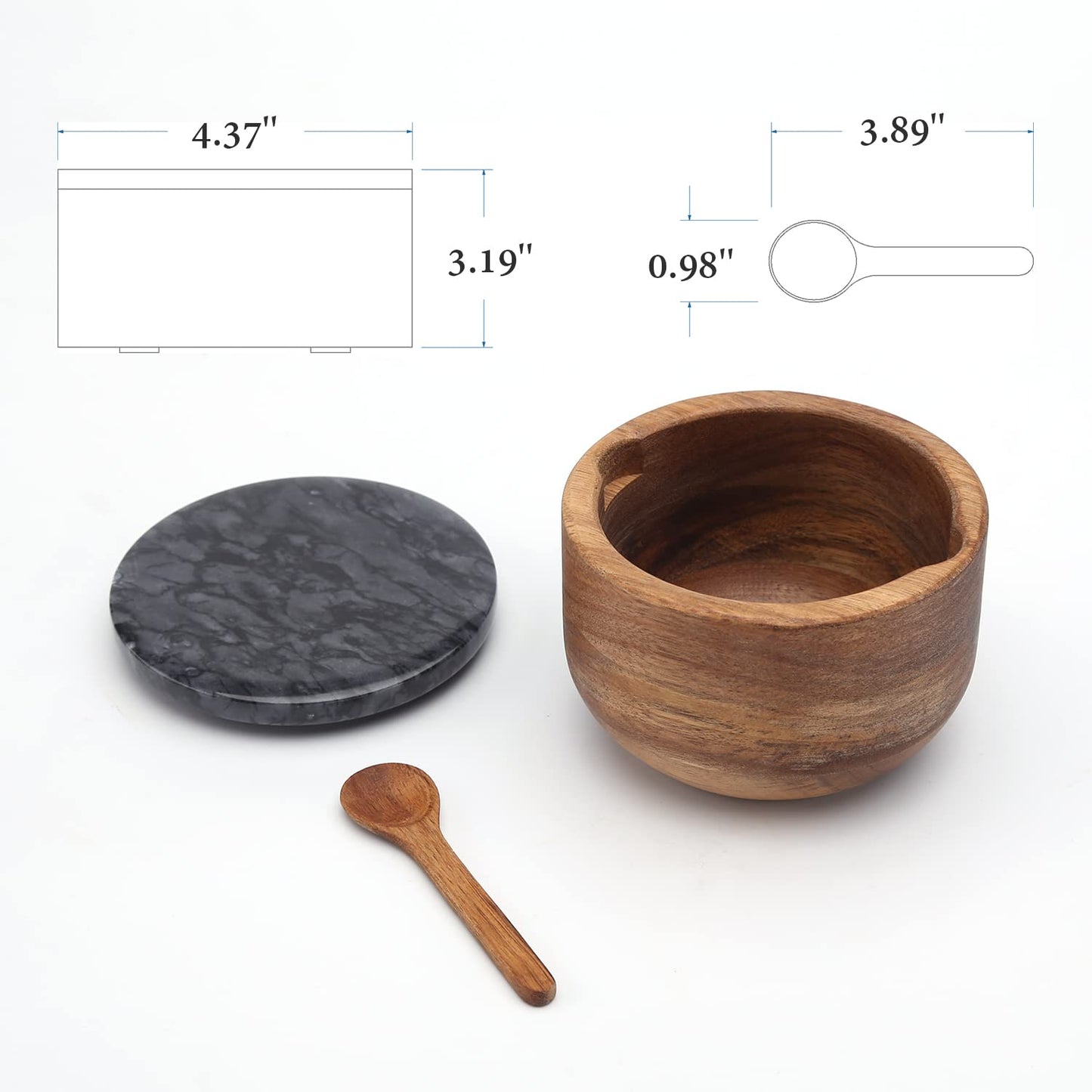 KITCHENDAO Large Wood Salt and Pepper Box Bowl Set with Built-in Serving Spoon, Natural Solid Acacia Base, Big Capacity Salt Pepper Cellar Container Holder, 10oz Capacity Each, Black & Grey Marble Lid