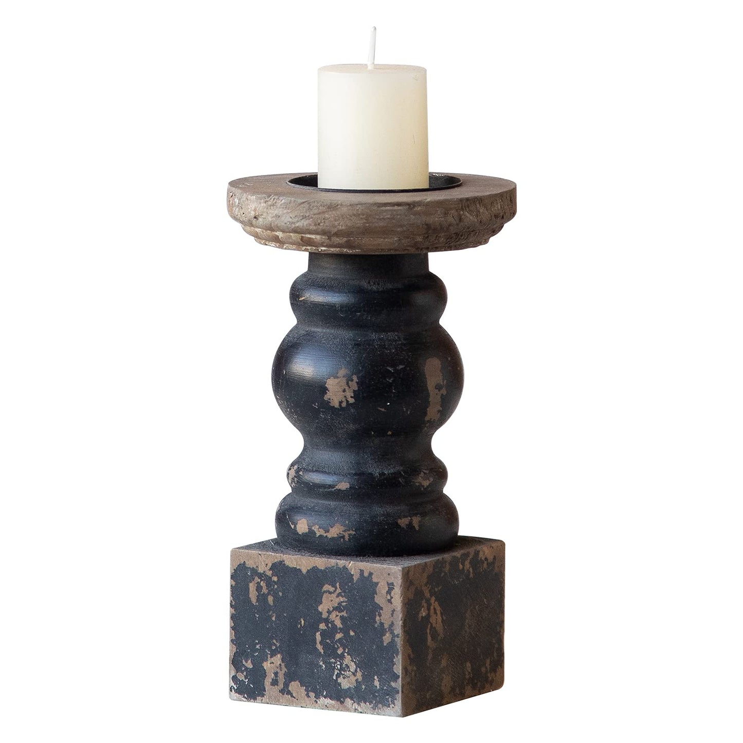 Wooden Black Candle Holder, Decorative Candle Holders for Table, Rustic Pillar Candle Holder, Table Centerpieces for Dining Room, Shabby Chic Candlestick, Home Decor (3.9" x 3.9" x 7.1")