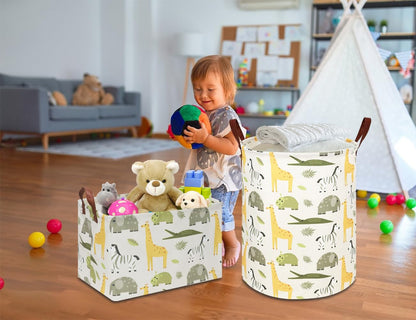 NTAOHAMPER Rectangular Green Storage Basket,Collapsible Gift Basket with Handles,Kids Toys/Books Box,Room Decor(Green Animal)