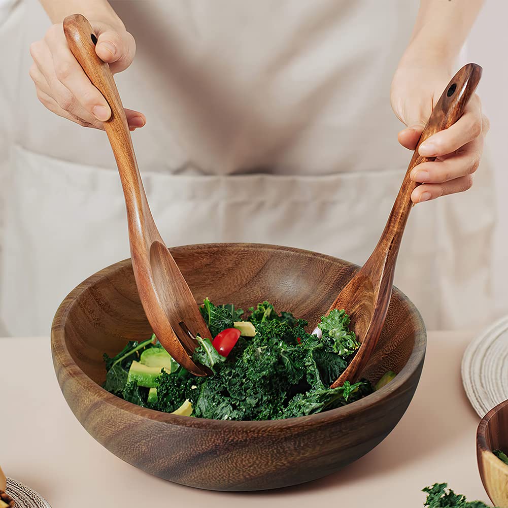 AOOSY Acacia Wood Salad Bowl Set — 9Inch Handmade Wooden Bowl with Serving Spoon & Fork, 3-Piece Mixing & Serving Set