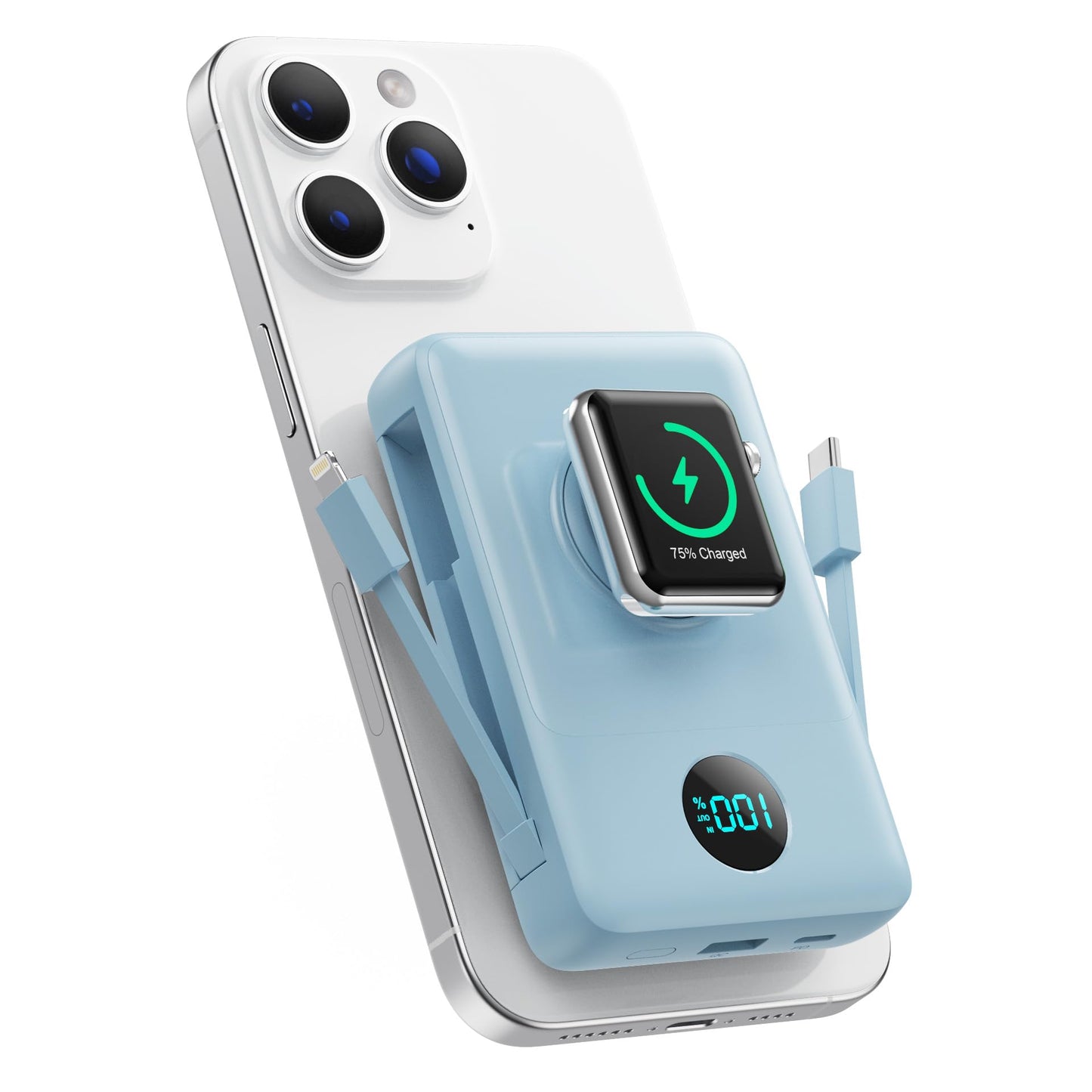 Magnetic Portable Charger 10800mAh for iPhone with Built-in Cables, 6-in-1 Wireless Power Bank with iWatch Charger, LCD Display 25W PD Fast Charging Battery Pack for iPhone 16/15/14/13/12, Apple Watch