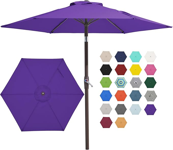 JEAREY 7.5FT Patio Umbrella Market Table Umbrella with 6 Sturdy Ribs, Push Button Tilt/Crank Outdoor Umbrella for Garden, Deck, Backyard, Pool and Beach,Dark Purple
