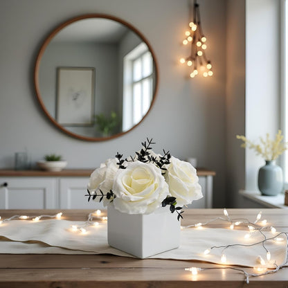 NAWEIDA Artificial Flowers with Vase, White Rose Faux Floral Arrangement with Black Eucalyptus, Minimalist Small Flower Decor for Desk, Coffee Table, Modern Home Decoration