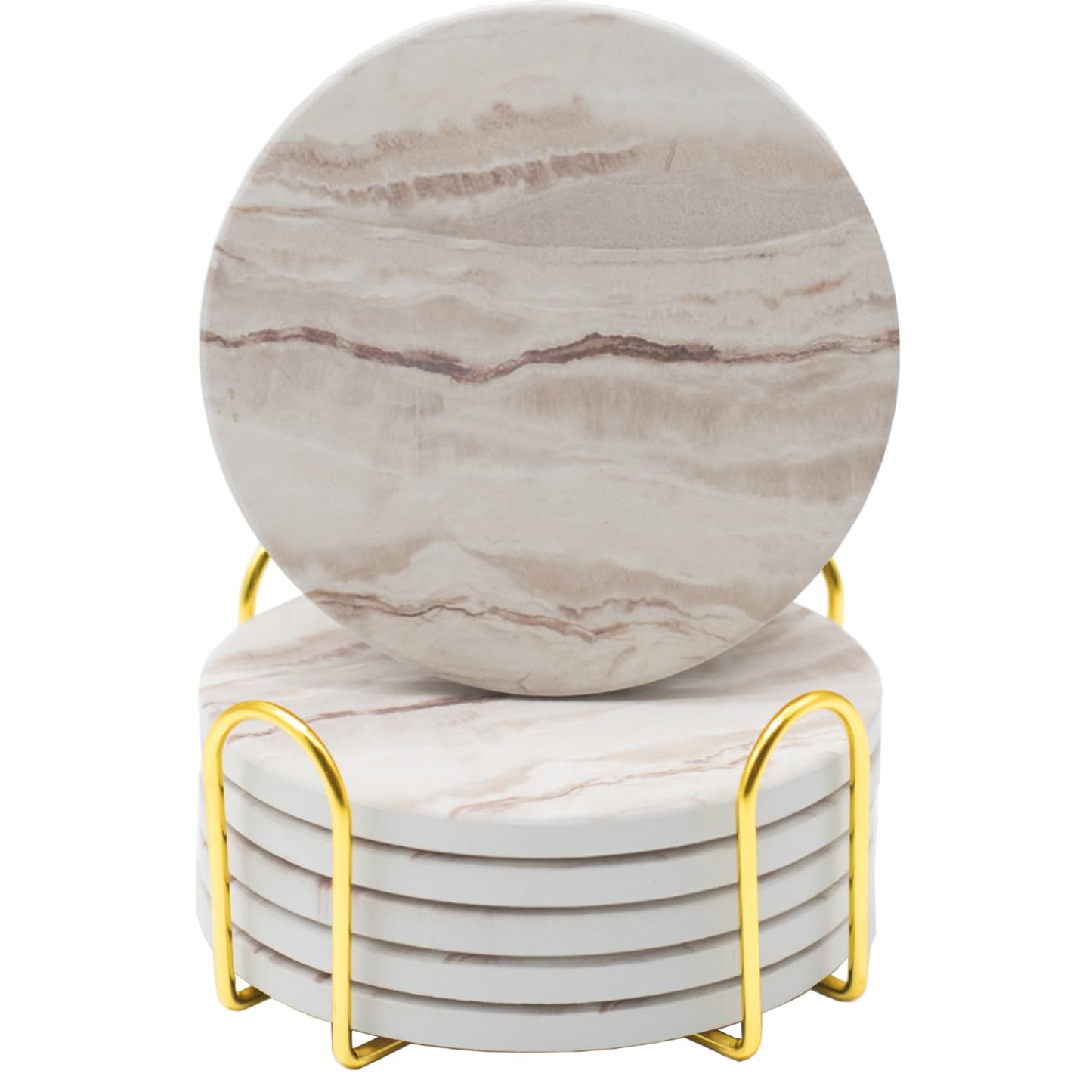 6Pcs Drink Coasters with Holder, Round Marble Style Ceramic Drink Coaster, Absorbent Coaster Set for Home Decor Tabletop Protection, Suitable for Kinds of Cups, Housewarming Gift, 4 Inches
