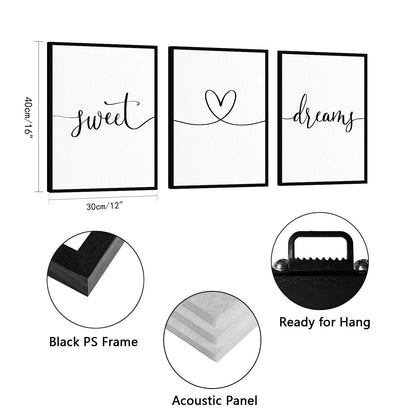 Sweet Dreams Wall Decor Above Bed: 3 Piece Modern Farmhouse Bedroom Art Set, Minimalist Black and White Framed Signs, Rustic Country Wall Art for Master Bedroom Guest Room, 12x16 Inches
