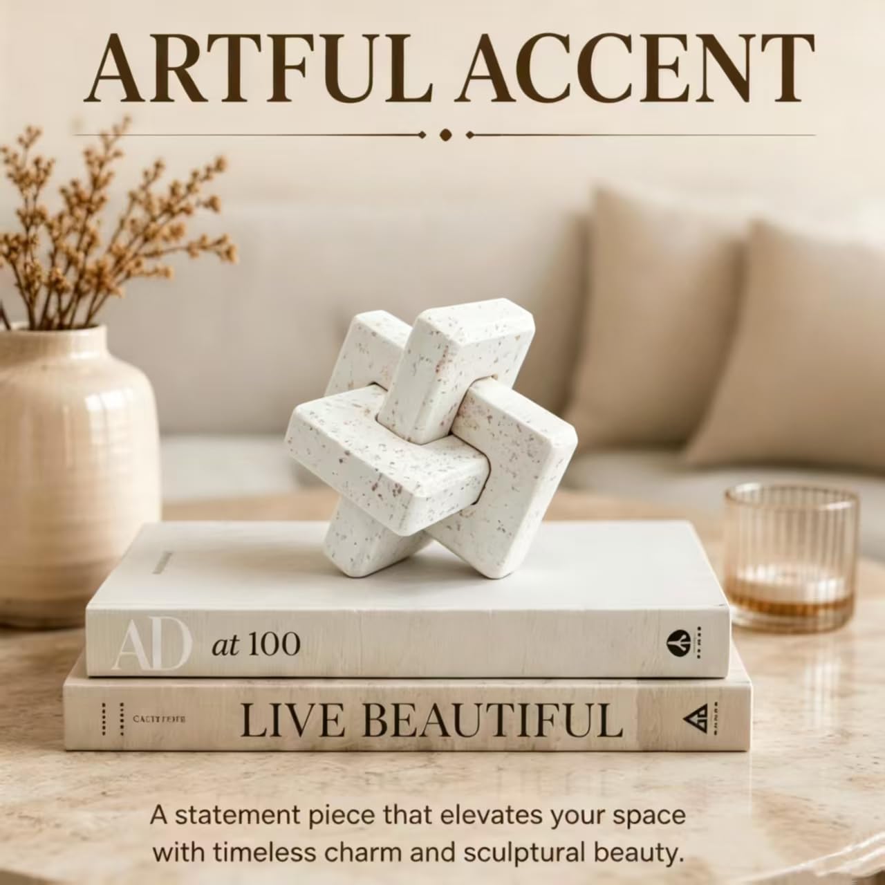 HLiikuikin 3-Link Knot Travertine Decor, Modern Resin Decorative Knot, Coffee Table & Entry Table Decoration, Boho Aesthetic Shelf Accent for Home