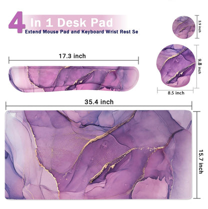 4-in-1 Gaming Mouse Pad Wrist Support Set，Desk Pad + Mouse Pad with Wrist Rest + Keyboard Wrist Rest + Coaster, Ergonomic Design for Home Office Study Game - Purple