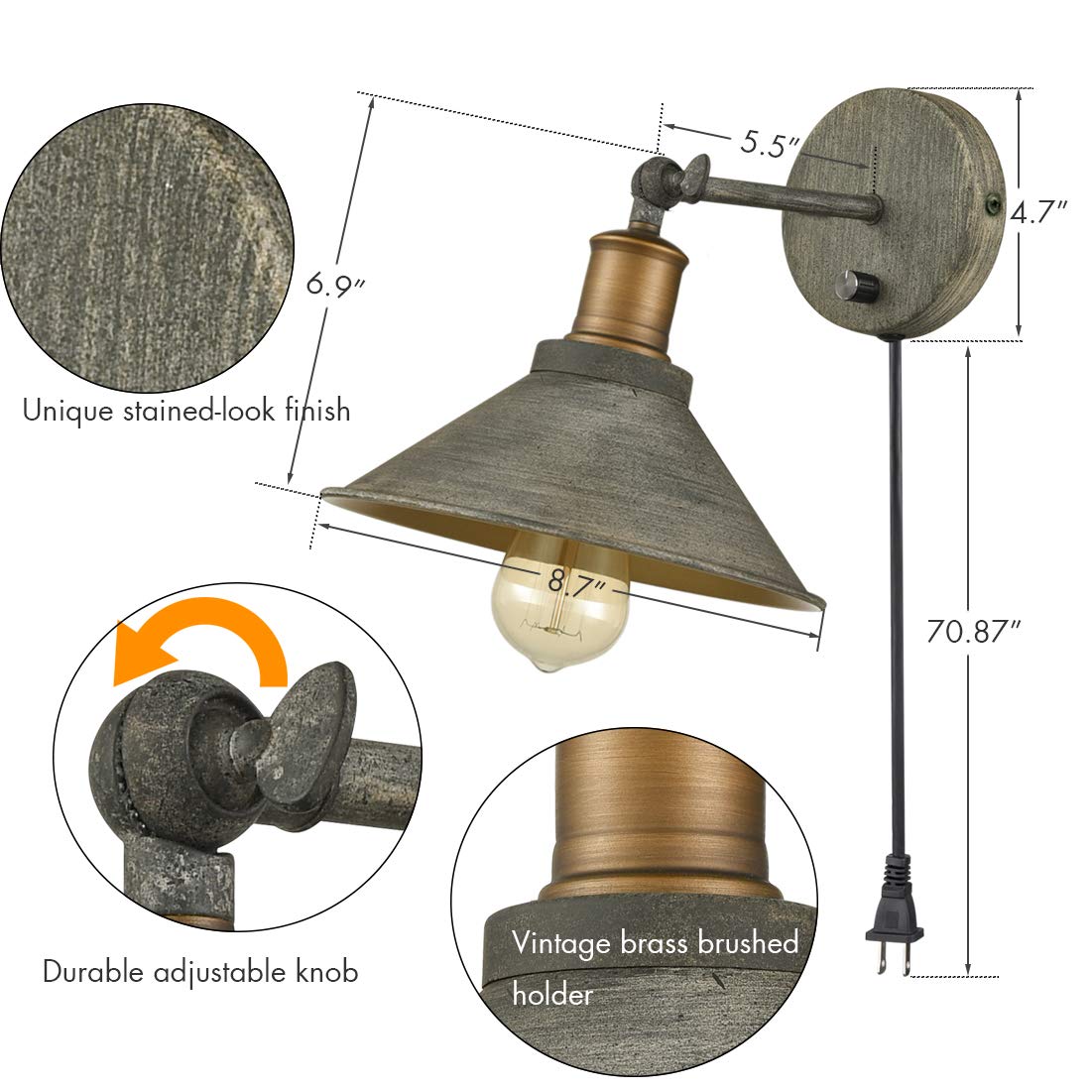 JEENKAE Vintage Farmhouse Wall Sconces Hardwired or Plug-in Bedroom Bath Wall Lamps Set of 2 with on/Off Switch