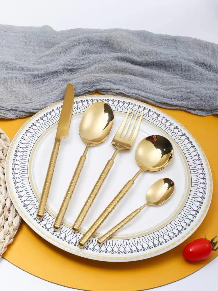 24pcs Rose Gold Silverware Set Cutlery Flatware Set for 4 Utensils Sets Stainless Steel Flatware Sets Premium Spoons And Forks Set Kitchen Restaurant Banquet Wedding Christmas, Hammered Handle