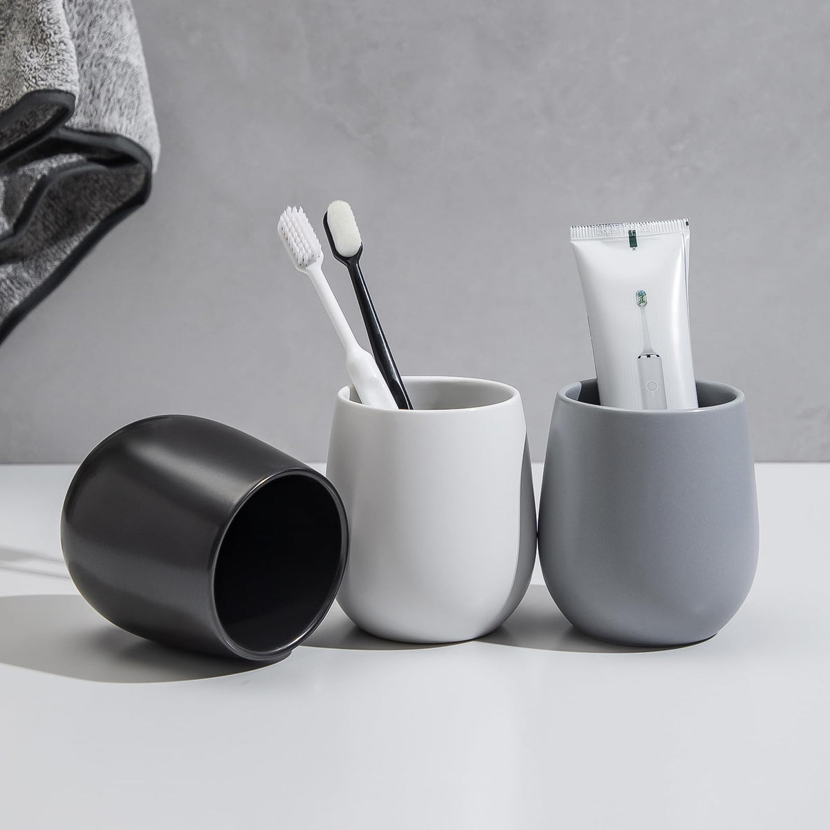 Grey Ceramic Toothbrush Holder - 11Oz Small Bathroom Tooth Brushing Holders, Reusable Mouthwash Cup, Toothpaste Holder, Makeup Brush Holder, Pen Holder for Bathroom Countertop, 1PC