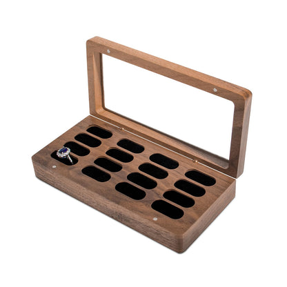 Wislist Luxury Solid Walnut Wood Ring Box with Glass Window - Ring case Jewelry Tray Jewelry Organizer for Rings, Studs & Earrings - Ideal for Store Display, Jewelry Showcases, Home Use & Gift Ideas