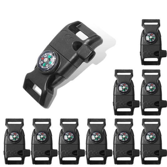 10pcs Pack Black 5/8" Compass Flint Scraper Fire Starter Whistle Buckle Plastic Paracord Bracelet Outdoor Camping Emergency Survival Travel Kits #FLC158-FWC(Black)