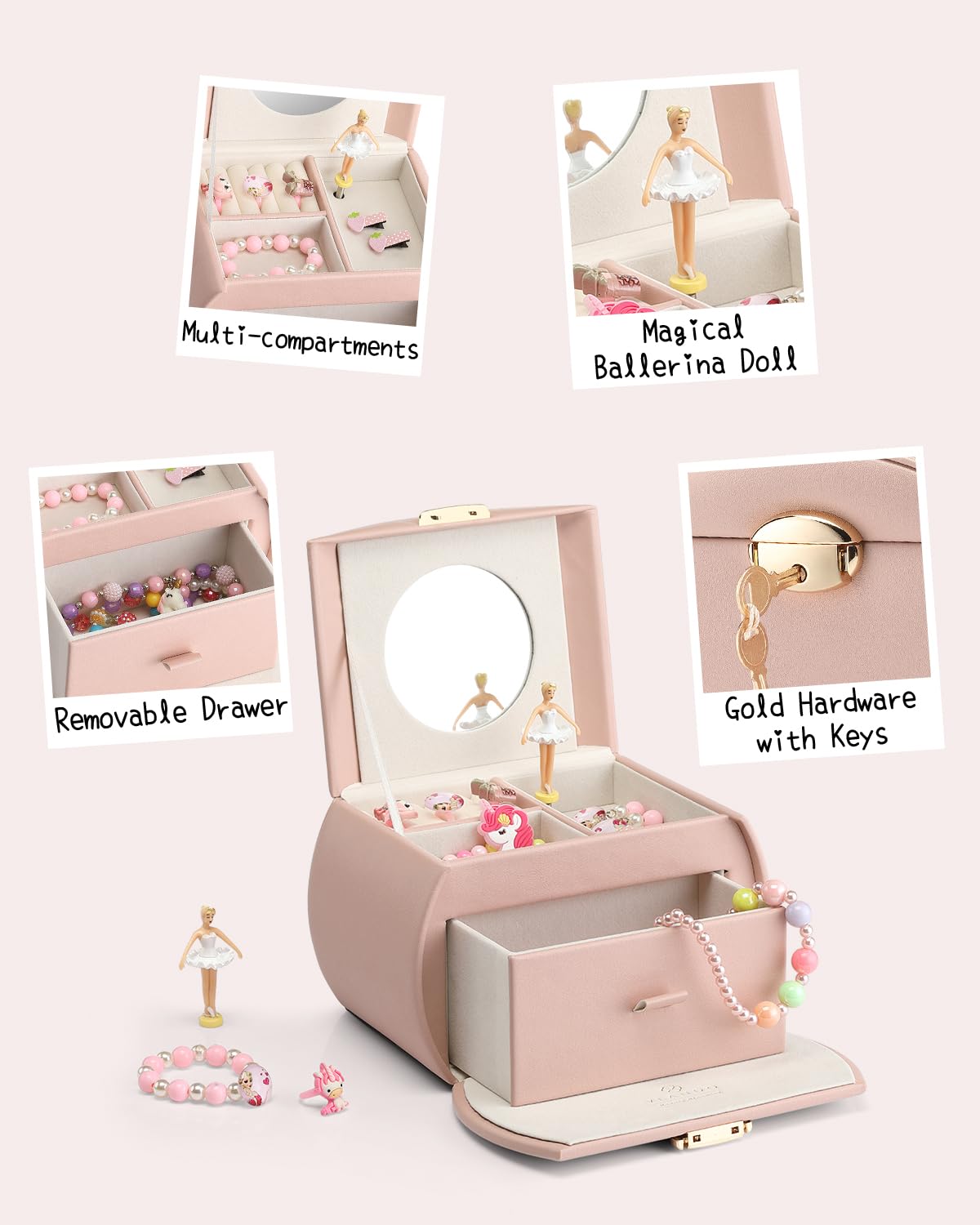 Vlando Girls Jewellery Box with Drawer, Music Box with Ballerina and Stickers for Bedroom Decor, Gifts for Girls Kids, Pink