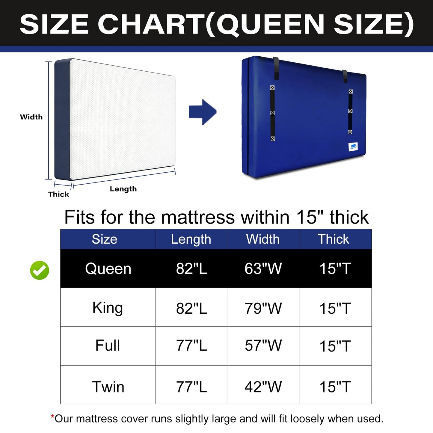 Mattress Bags for Moving and Storage,Queen Size,with Adjustable Adhesive Straps,8 Handles,Strong Zipper,Heavy Duty & Waterproof & Dust Proof,Reusable Mattress Protector Covers,Navy