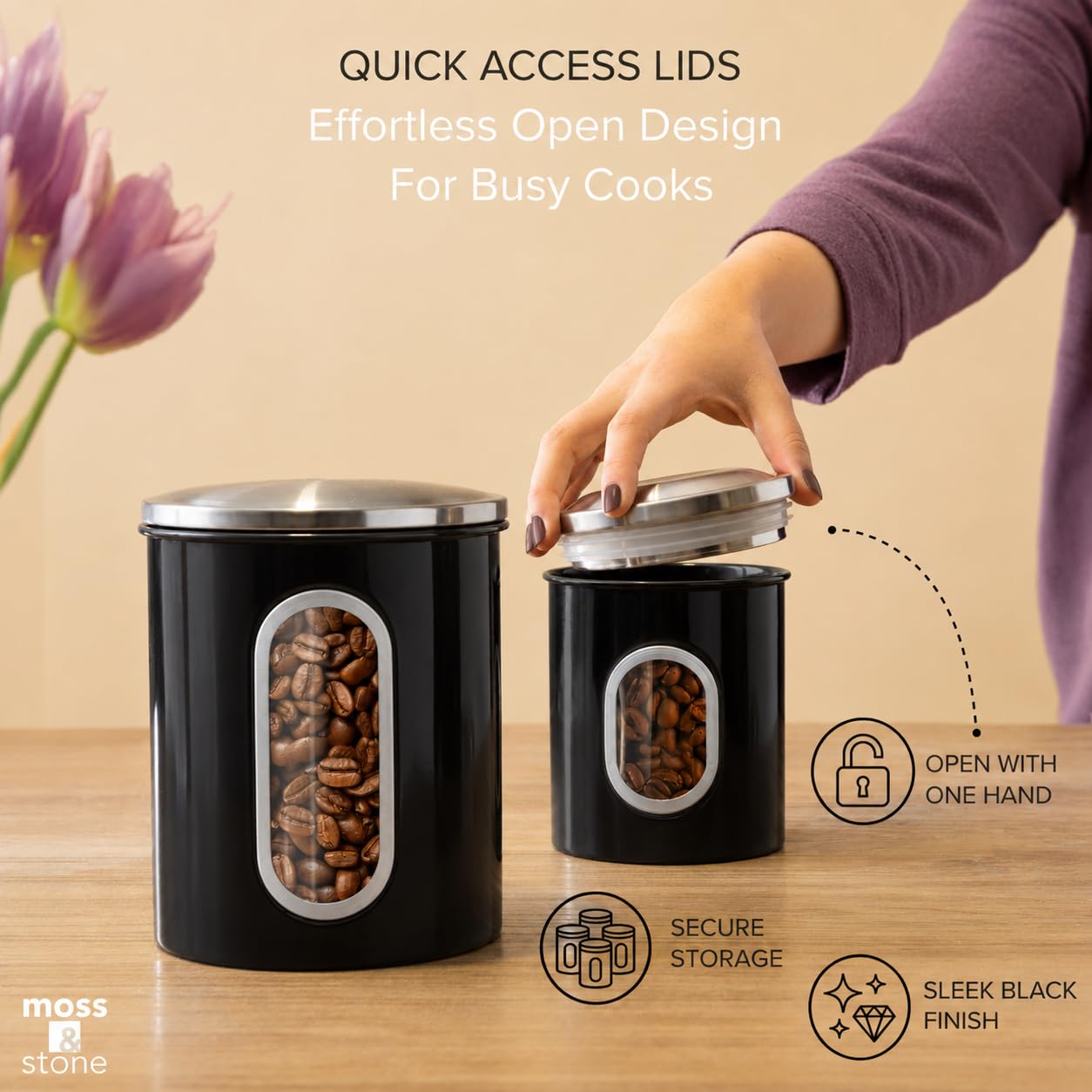 Moss & Stone 3-Piece Black Canisters Sets For The Kitchen, Airtight Canister Set With See Through Window, Storage Jars for Coffee Container, Tea Organizer & Sugar Canister, Black Kitchen Canisters