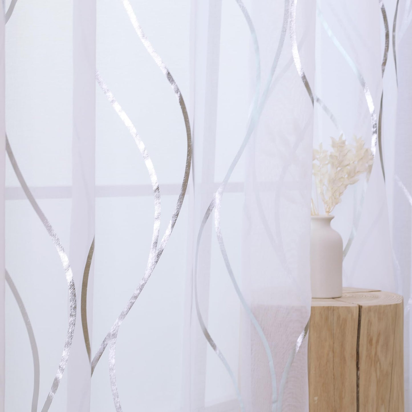 L.Z.E White and Silver Curtains for Living Room, See Through White Sheer Curtains 84 Inches Long 2 Panels Set, Grommet Transparent Window Drapes with Elegant Wave Patterns