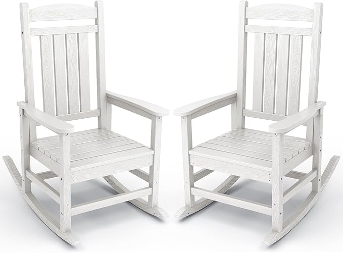 KINGYES HDPE Patio Rocking Chair Set of 2, Outdoor Rocking Chairs Porch Rocker for Adults, White