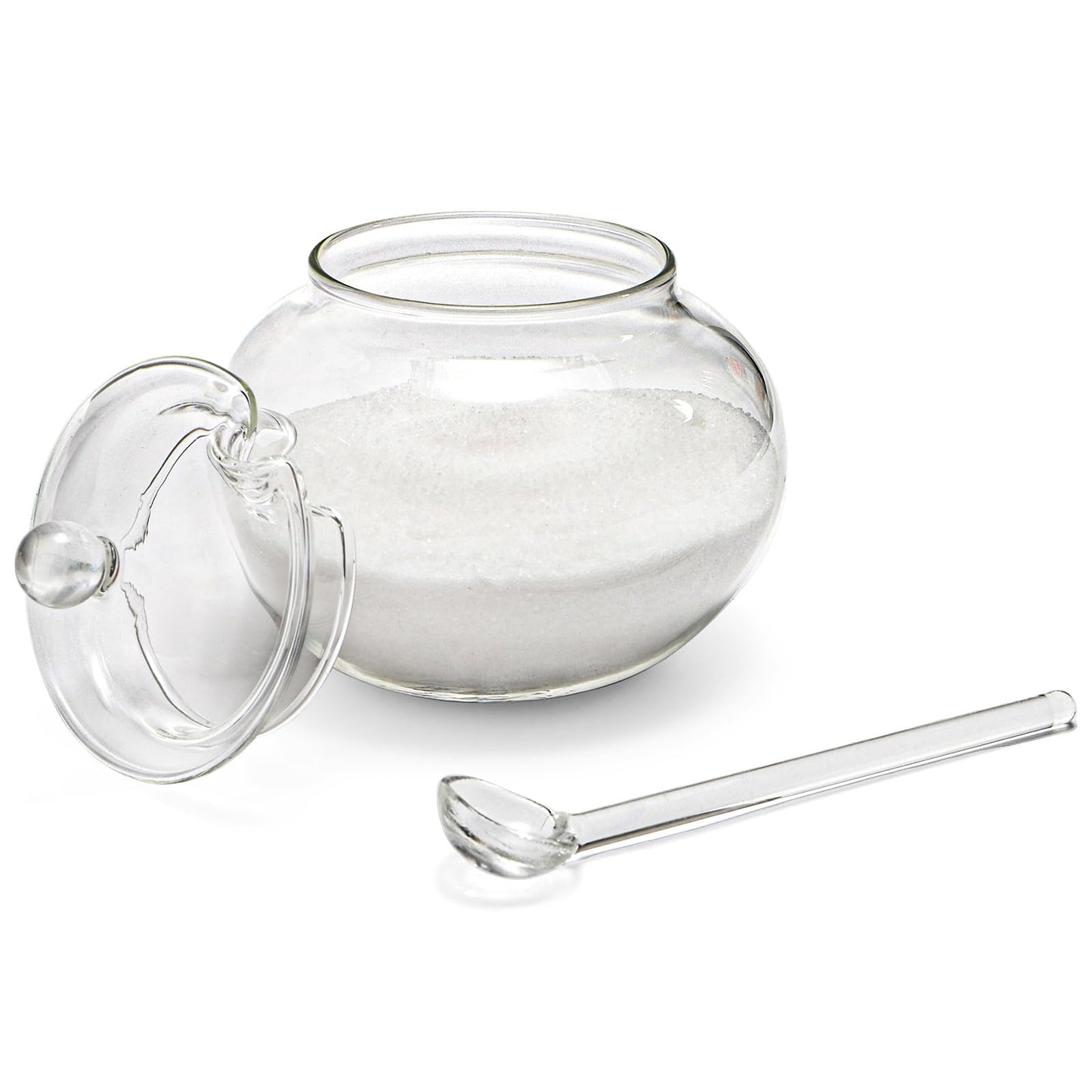 Frcctre Set of 2 Glass Sugar Bowl with Spoon and Lid, 11 Ounces Small Clear Salt Spice Pepper Seasoning Jar Condiment Container for Home Kitchen Coffee Bar