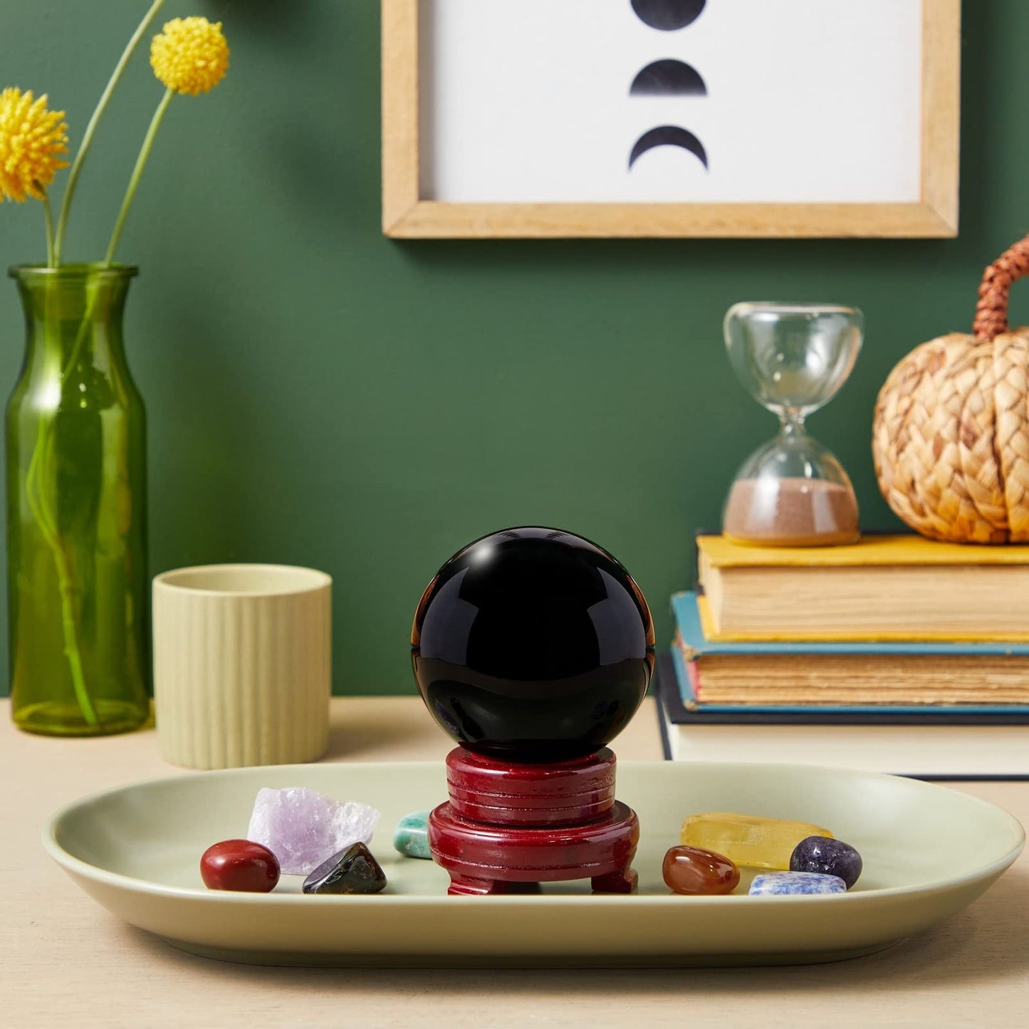 Juvale Obsidian Crystal Ball - 3.1-Inch Black Crystal Sphere with Wooden Stand - Polished Obsidian Stone Ball Decor & Scrying Orb for Meditation & Feng Shui Home Decor