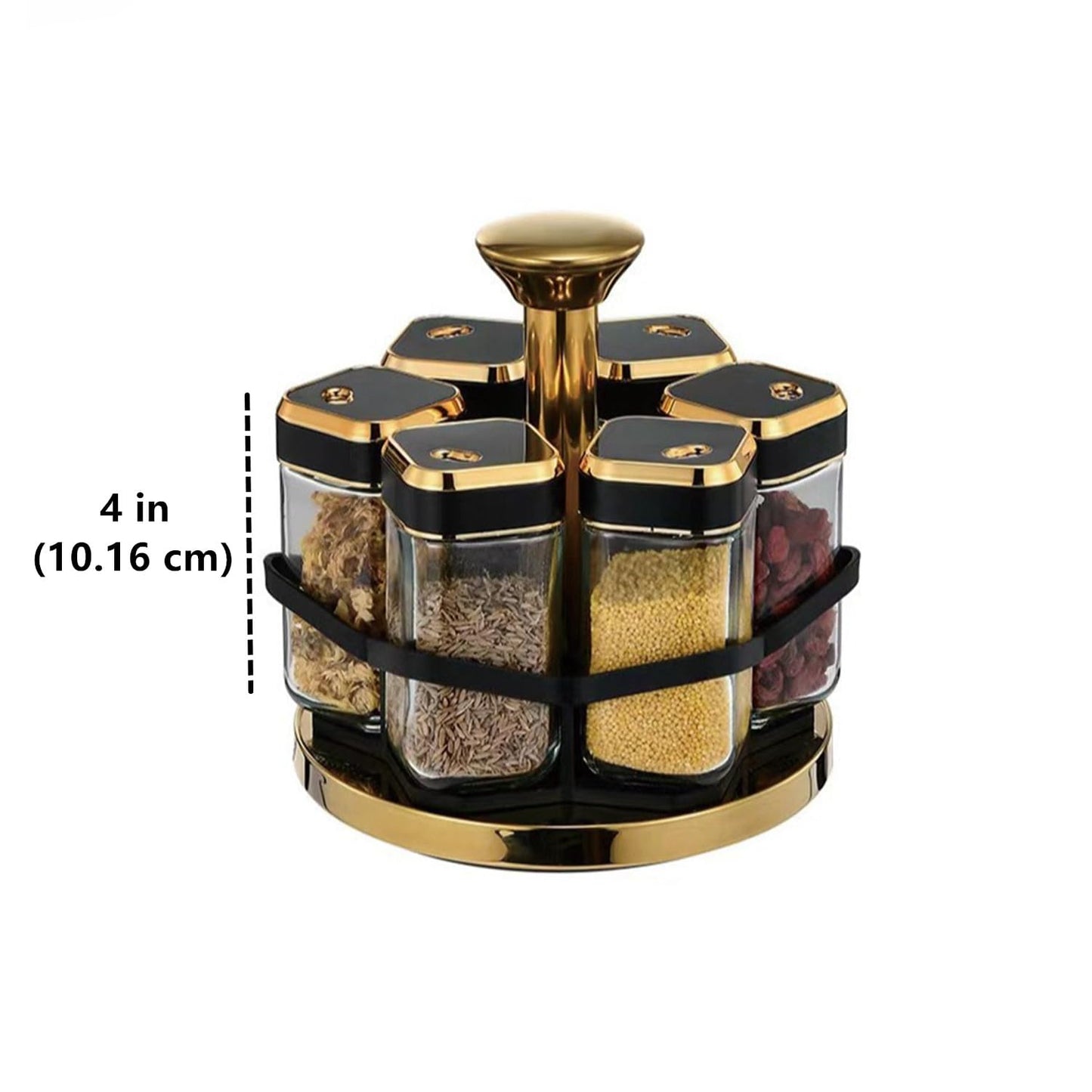 Spice Carousel 360° Rotating Lazy Susan Organizer - Multipurpose Spice Rack & Condiment Holder with 6 Salt & Pepper Jars, Revolving Durable Storage Tray for Kitchen (Black with Gold Accents)