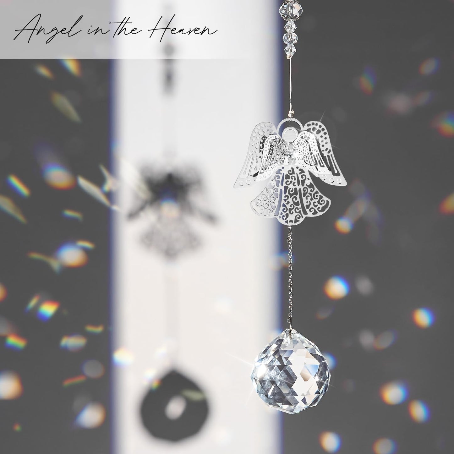 Elivida Memorial Modern Sympathy Gift for Loss of Mom - 3D Angel Design Grief Hanging Ornament With 40mm Clear Crystal Ball Rainbow Maker - Bereavement Idea for Women