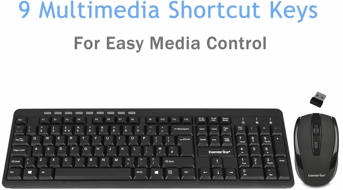 Combrite Wireless Keyboard And Mouse Set, Ergonomic 2.4Ghz Cordless, Slim Multi-Media Shortcut Keyboard, Comfort Wireless Optical Mouse Adjustable DPI, English UK Layout (KM200W)