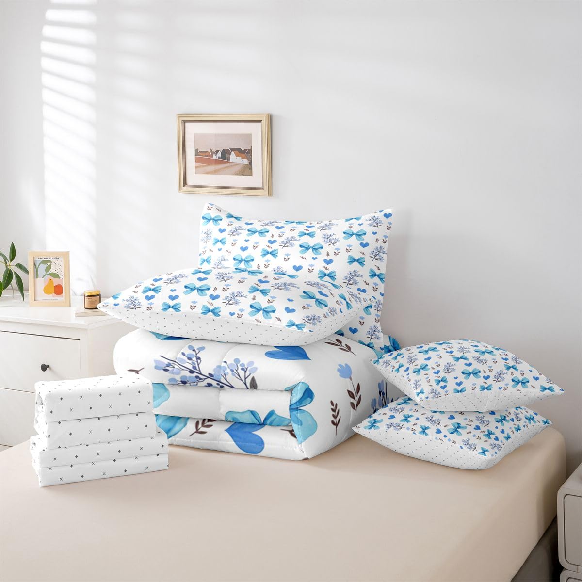 Feelyou Bow Comforter Set King Size 7 Pieces Blue Cute Floral Bedding Set for Kids Boys Girls Heart Bowknot Pattern Bed in a Bag with Comforter, Sheets, Pillowcases, Cushion Covers