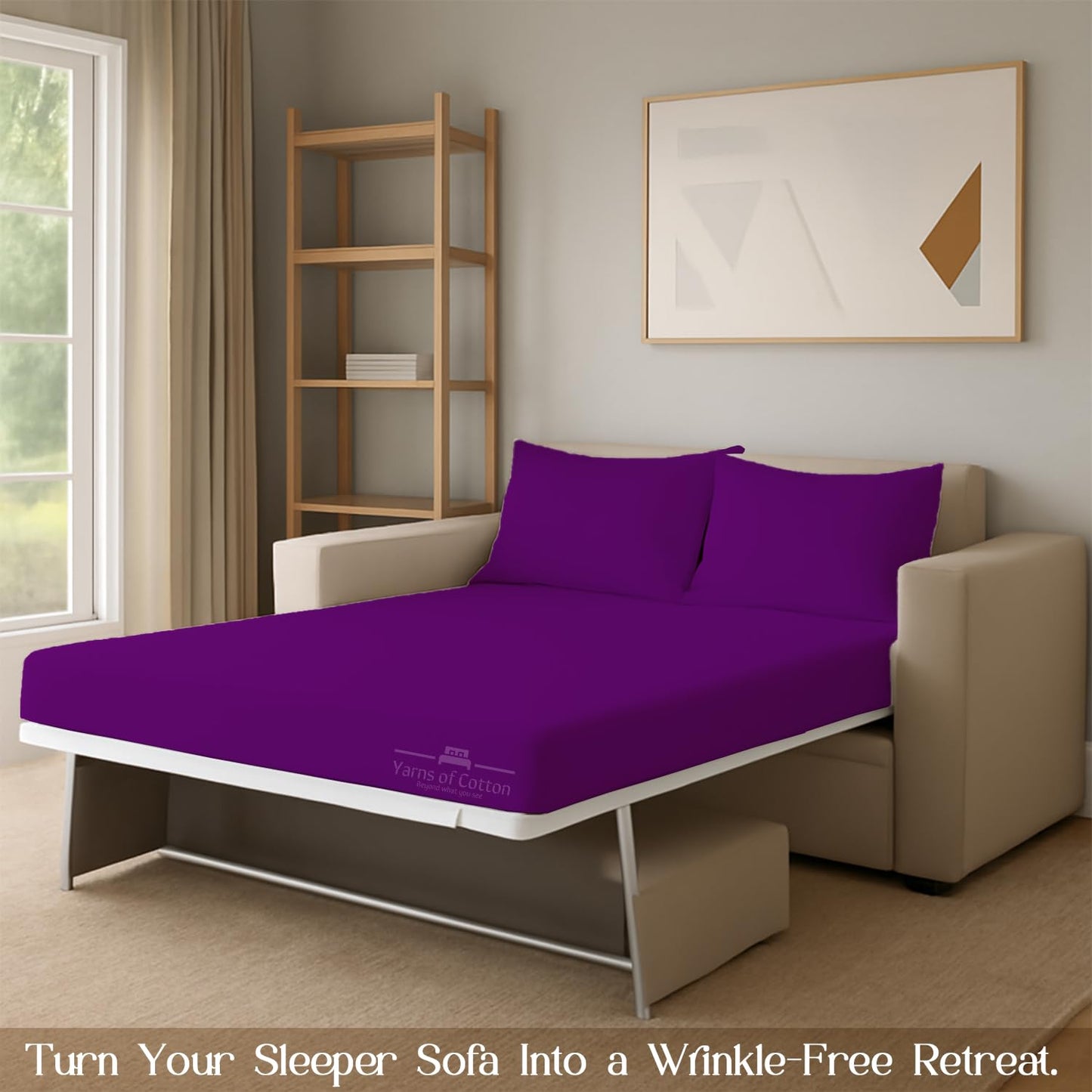 Sleeper Sofa Bed Sheet, 100% Cotton 400 Thread Count, 4 Piece Set, Deep Pocket Fitted Sheet, Soft Wrinkle Free & Breathable, Luxury Hotel Quality, Fits Up to 6 Inch Mattress (Full, Purple)