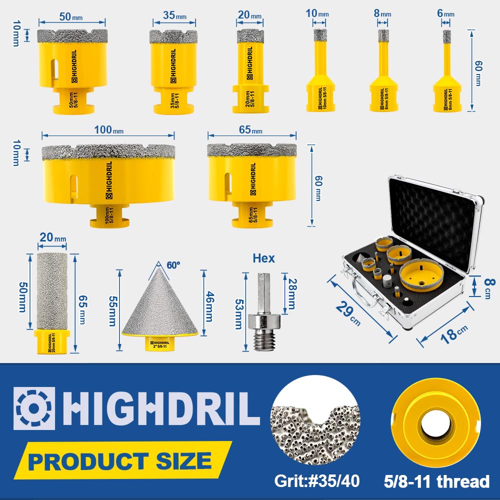 HIGHDRIL Diamond Drill Bits Kit with 5/8-11 and HIGHDRIL Diamond Tile Saw Blade - 4-1/2 Inch/115mm
