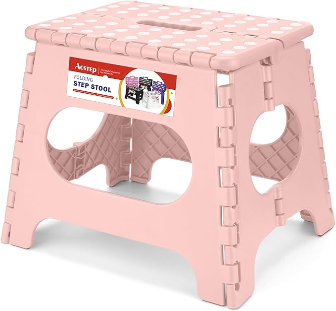 ACSTEP Folding Step Stool 11 Inch, Sturdy Plastic Foldable Step Stool for Kids & Adults, Non Slip Lightweight Collapsible Foot Stools Holds 300 lbs, Ideal for Kitchen, Bathroom, Bedroom, Light Pink