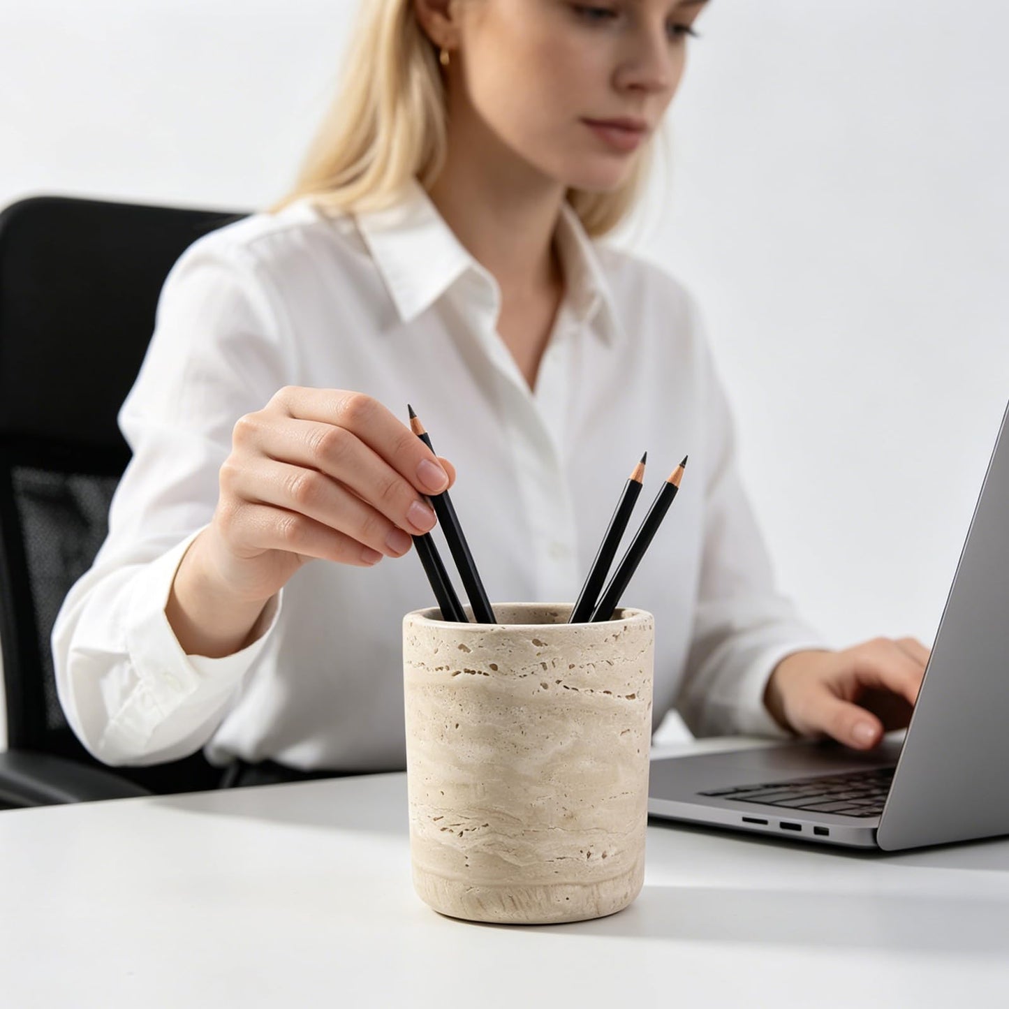 Erongoo Travertine Pen Holder, Natural Travertine Toothbrush Holder Pencil Cup Organizer for Desk,Premium True Marble Desk Accessories for Home Office,Bathroom and Kitchen