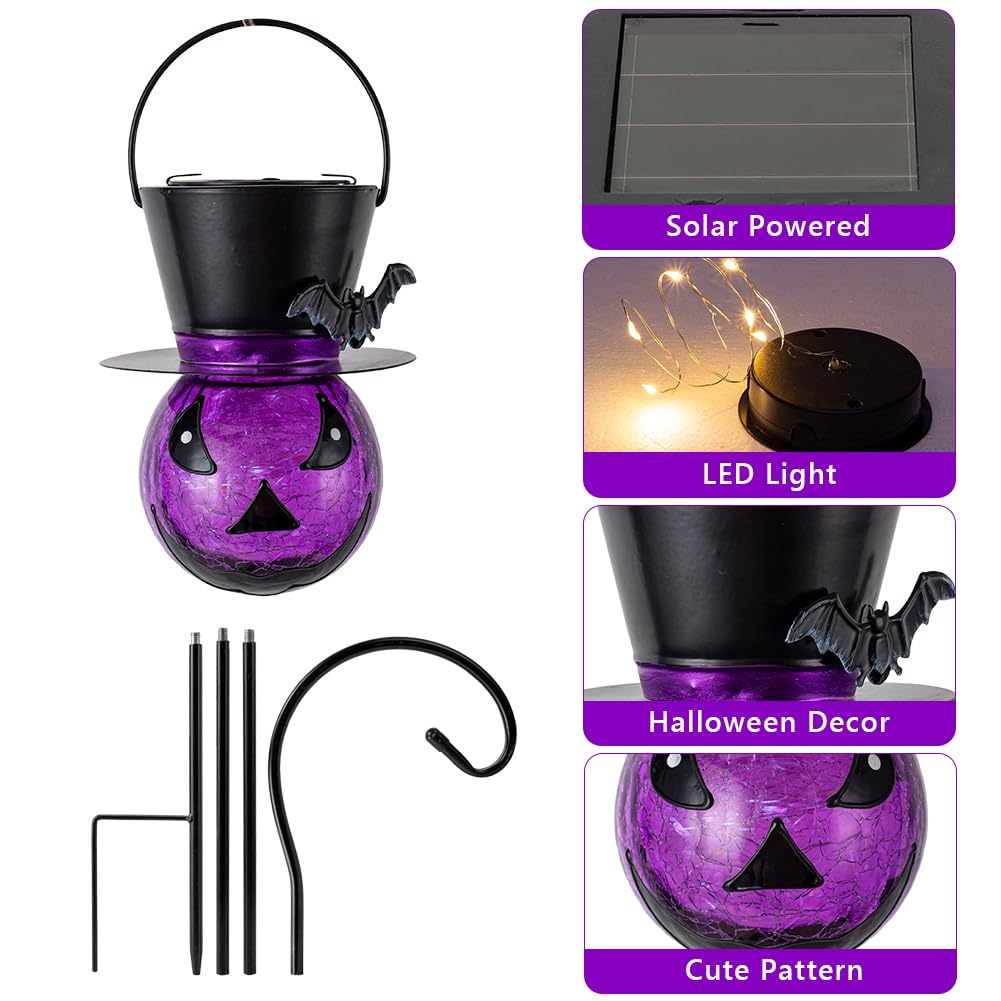 STARSOUL Halloween Solar Lanterns Purple Ghost and Bat, Hanging Solar Halloween Decorations, Halloween Solar Lights for Outdoor Garden Patio, Gifts for Women Grandma (with Shepherd Hook)