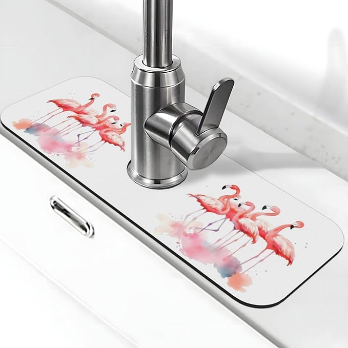 Kitchen Sink Splash Guard Faucet Mat Pink Flamingos Watercolor 15"x5.5"