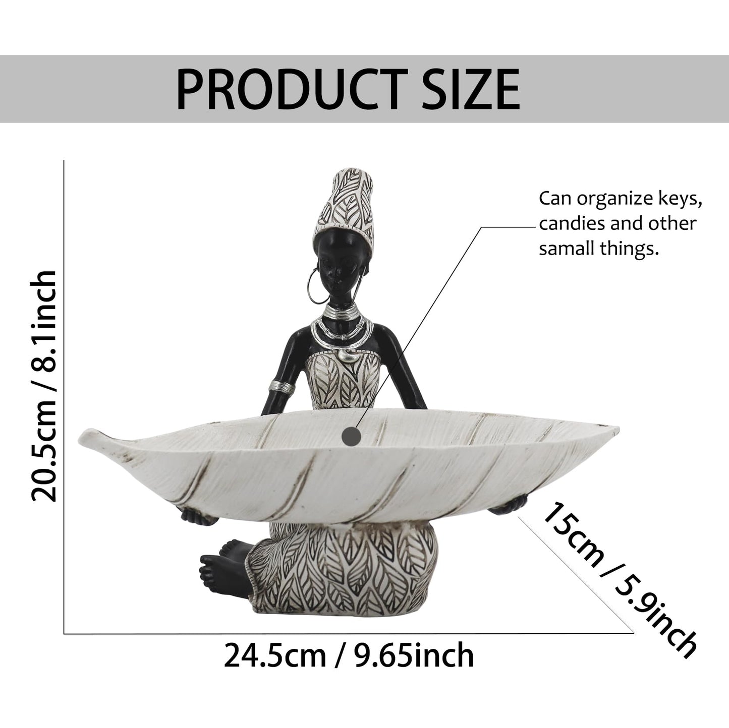 Lescafita African Woman Resin Tray Figurine, White Leaf Decorative Bowl Sculpture, Boho Tribal Art Statue for Jewelry Storage and Home Decor