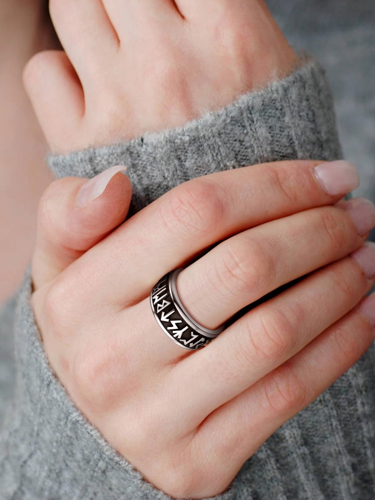 FaithHeart Viking Rings Men Stainless Steel Fidget Ring Spinning Jewellery Norse Runes Band Cool Boys Ring Size O