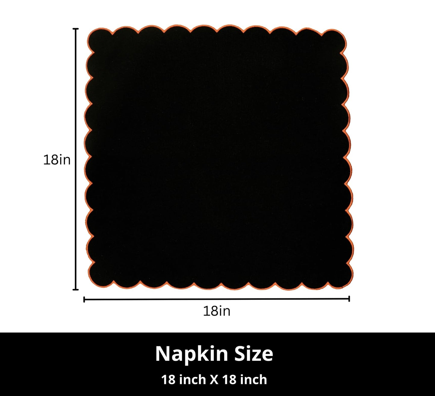PurpleEssences Scalloped Embroidery Cloth Napkins Table Decor Fall Thanksgiving Halloween 100% Cotton Set of 4-18 x 18 inch - Black - Edges - Orange