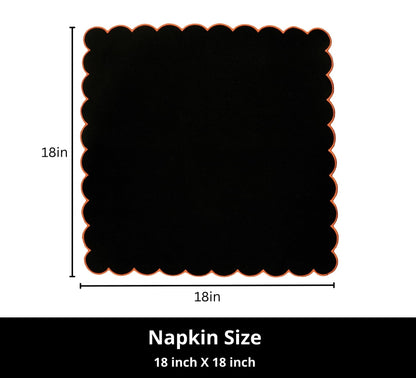 PurpleEssences Scalloped Embroidery Cloth Napkins Table Decor Fall Thanksgiving Halloween 100% Cotton Set of 4-18 x 18 inch - Black - Edges - Orange