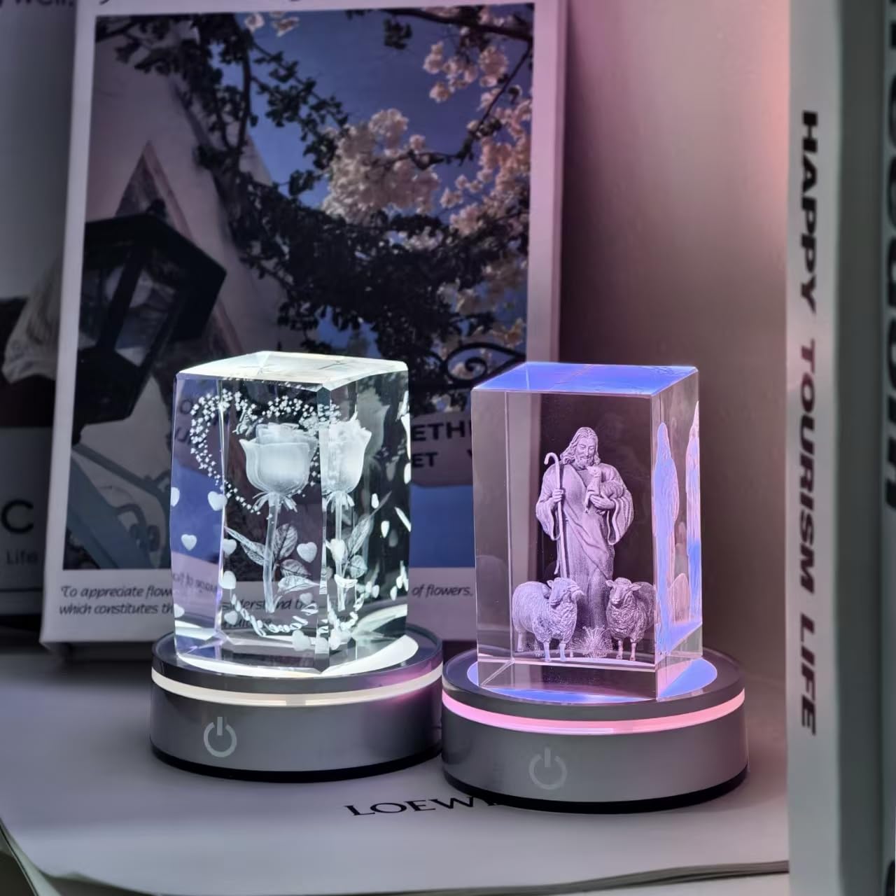 LED Light Base Lighted Display Stand for Crystal, 4 Pack Round Touch Control Light Stand, 7 Color Changing Display Base with USB Power, Illuminated Pedestal for Glass Crystal Spherical Artwork