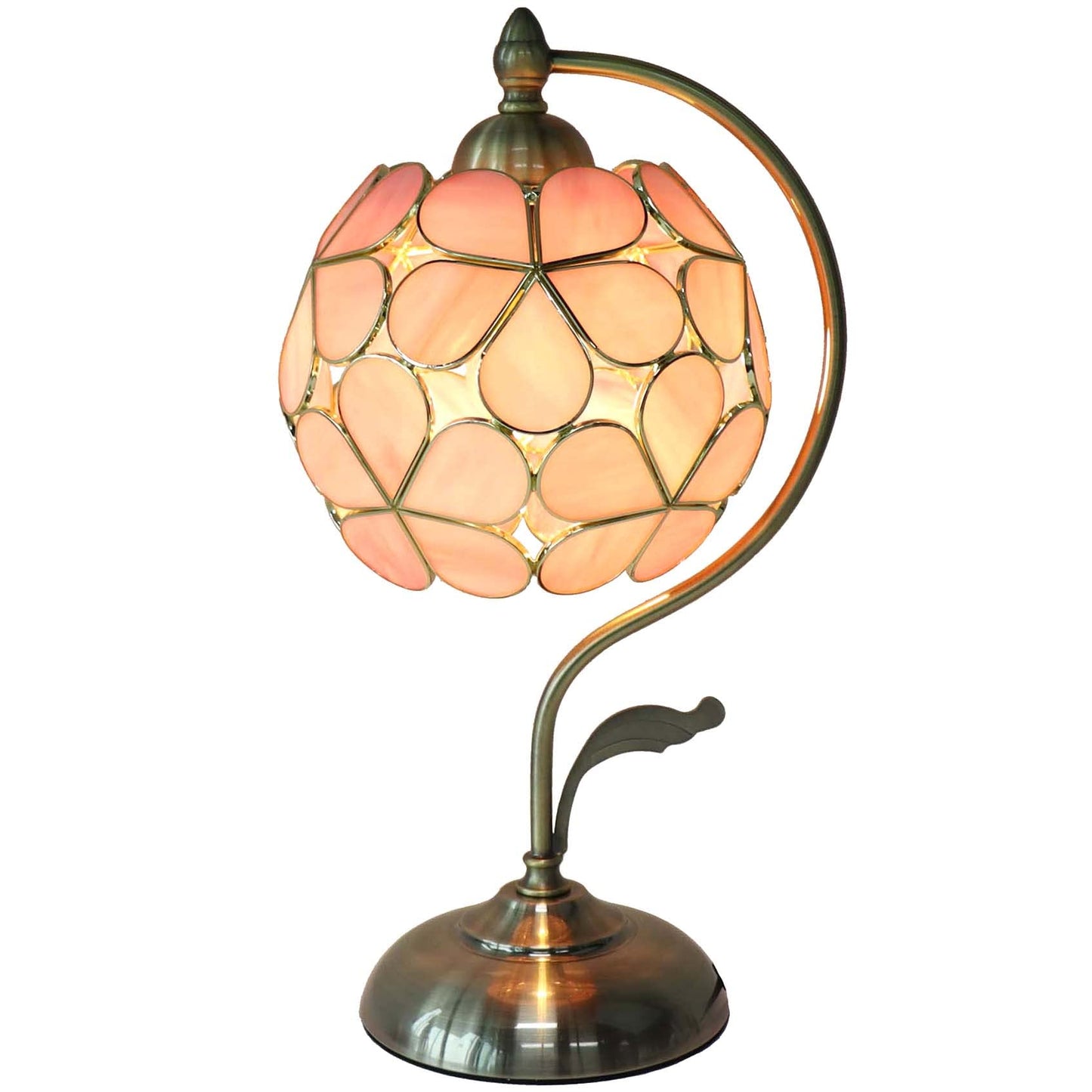 Bieye L10836 Tiffany Style Stained Glass Flower Petal Table Lamp with Brass Base for Home Décor (Pink, 8“ Flower Ball)