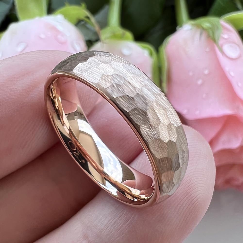 TUTISS 6mm Rose Gold Hammered Tungsten Rings for Men Women Engagement Wedding Bands Domed Matte Finish Comfort Fit Size 5