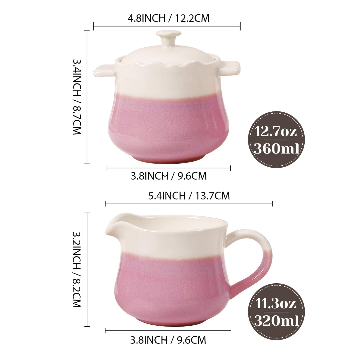 INGOFIN Ceramic Sugar and Creamer Set, 2-Piece French Style Cream Pitcher and Sugar Bowl with Lid, Coffee and Tea Serving Set for Home Kitchen, Microwave & Dishwasher Safe, Pink and Beige