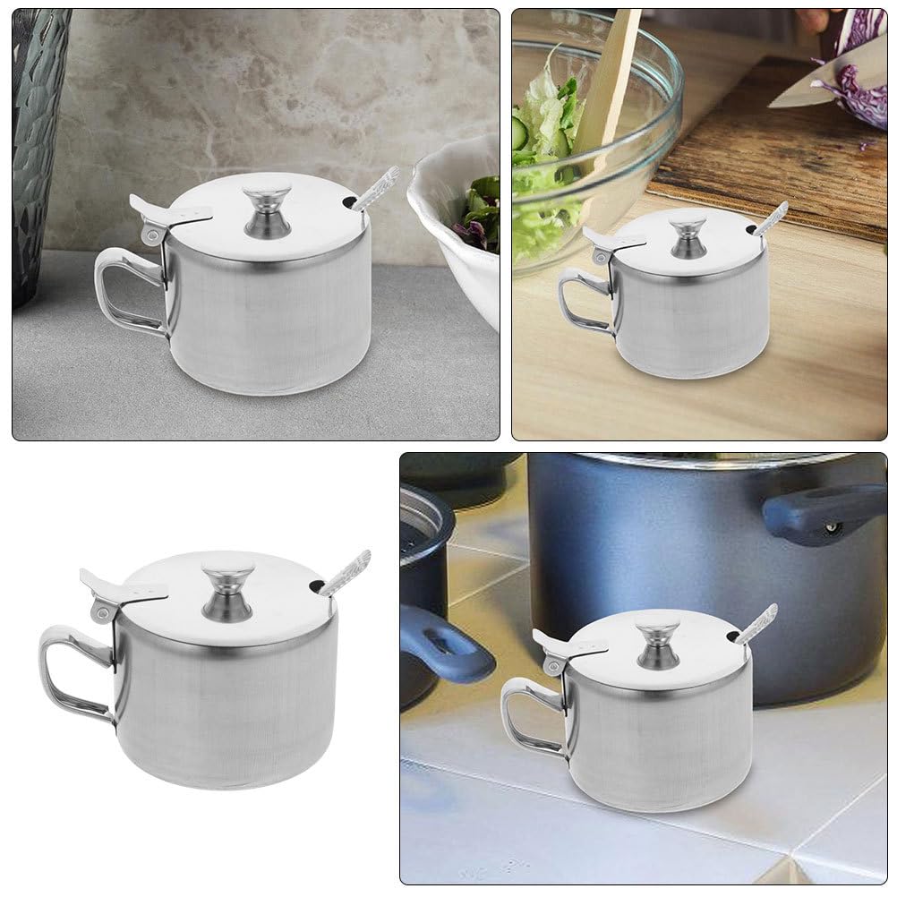 CATIEBYE Stainless Steel Sugar Bowls Set of 3 with Lids and Spoons Multi-Purpose Condiment Containers for Kitchen Countertop Storage Sugar Salt Pepper Spice Bowls 3.54X2.75X2.55 Inch
