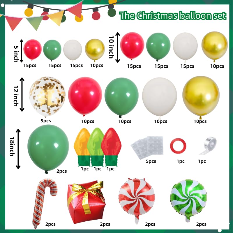 Christmas Balloons Arch Kit Decorations Different Sizes 18/12/10/5 Inch Party Balloon Kit Chrome Round Helium Matte Red Green Balloons for Christmas Party Decoration