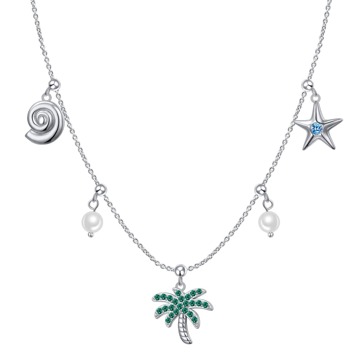 FLYOW S925 sterling Silver Summer Palm Tree Seashell conch shell Beachy Pendant Necklace Women Coastal Jewelry with Removable Charms Trendy Summer Beach Gift