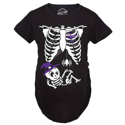 Maternity Witch Baby Bump Skeleton Cute Pregnancy T Shirt Halloween Night Funny Graphic Pregnancy Tee Halloween Maternity Wear Funny Maternity Shirts Black - XL