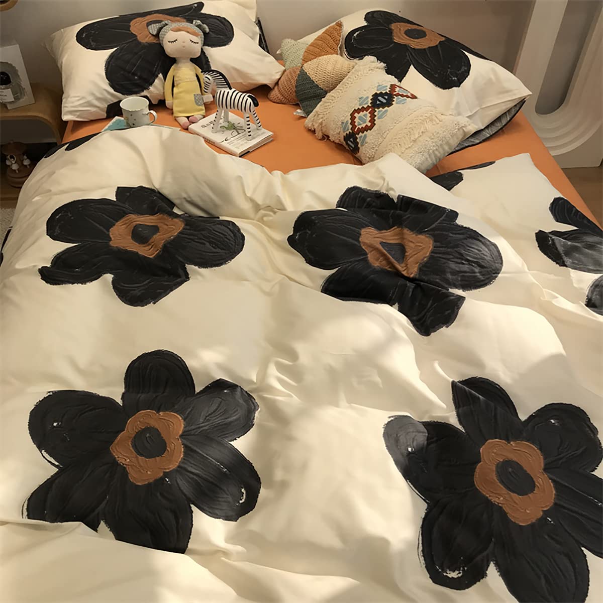 KAREVER Black Floral Comforter Set Black Botanical Bedding Full Women Chic Blankets Lightweight Black Sunflower Reversible Bed Comforter Set Full Size