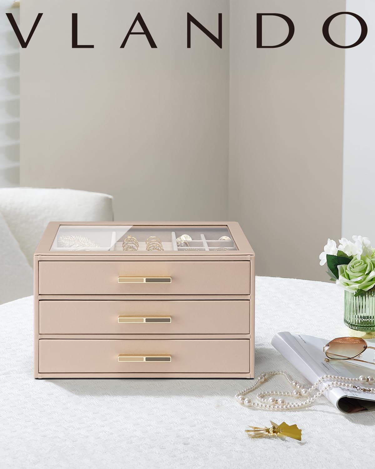 VLANDO 3 Layer Jewelry Box for Women, Mothers Day Gifts for Women, Glass Lid Jewelry Organizer with 3 Drawers for Necklaces Rings Earrings Bracelets - Toffee