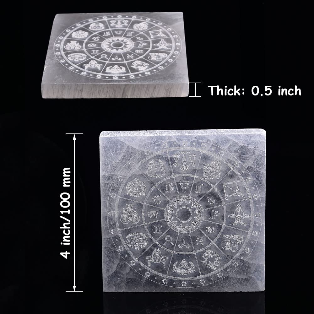 JIC Gem 4" Square Selenite Charging Plate 12 Star Engraved Selenite Slab Healing Crystal Charging Station