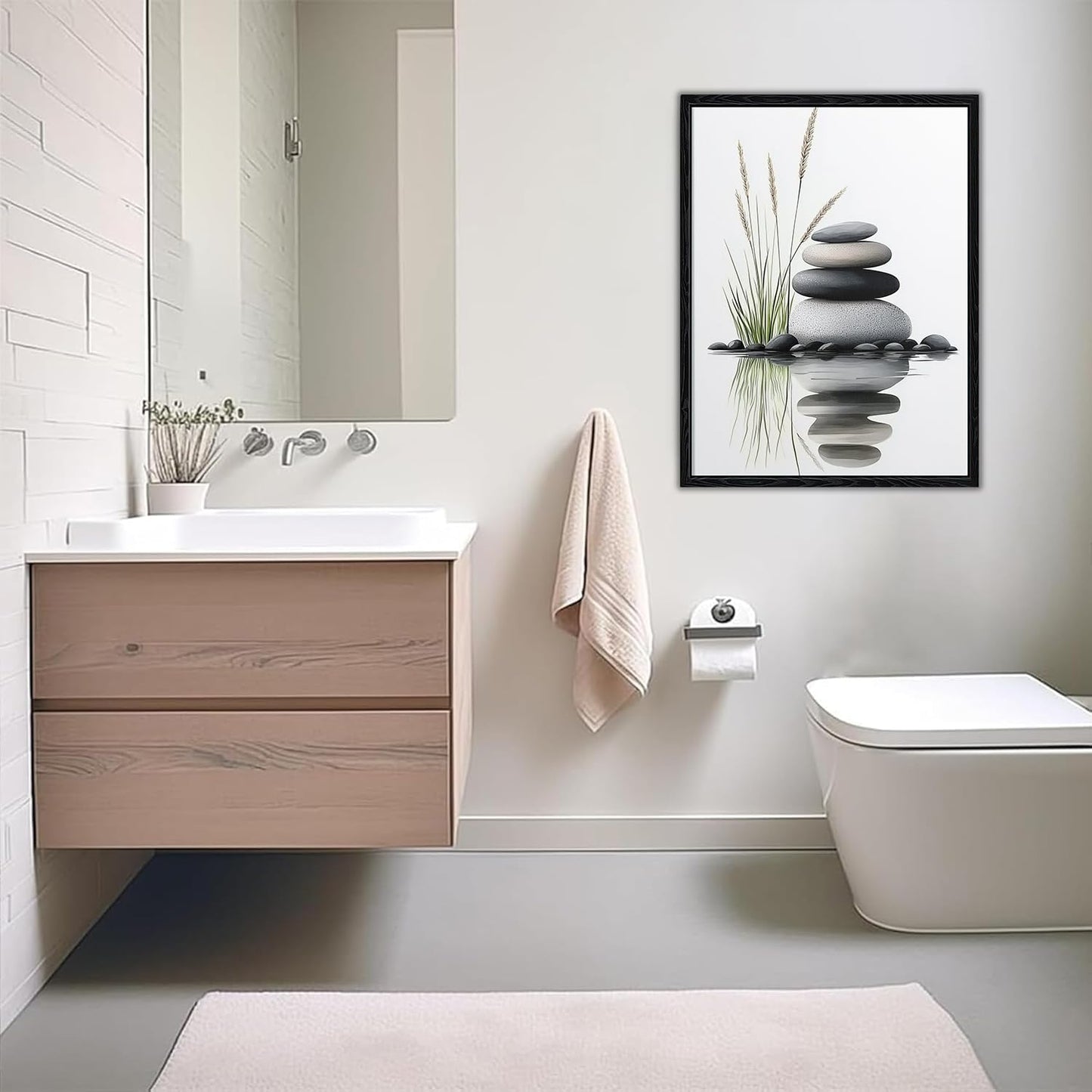 Serene Zen Stacked Stones with Water Reflection Canvas Wall Art - Cozy Modern Minimalist Spa Decor for Bathroom Bedroom Living Room - HD Waterproof Premium Stretched Framed Ready to Hang 12x16 Inches